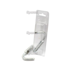 Close-up of the Sparex Rope Cleat - Single Ended 98mm (Agripak 1pc.) - S.21167, featuring two heavy-duty, galvanized metallic hooks in a clear plastic Agripak blister packaging. The package stands against a plain white background.