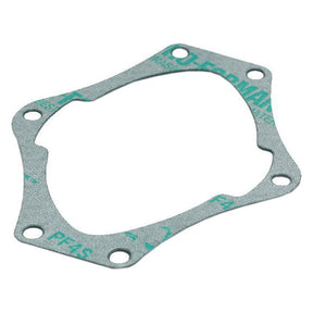 A Sparex Rope Seal Housing Gasket (3 Cyl.) - Part No. S.41491, features a green, irregular shape with six evenly spaced holes around its circumference, specifically designed for Massey Ferguson's rope seal housing.