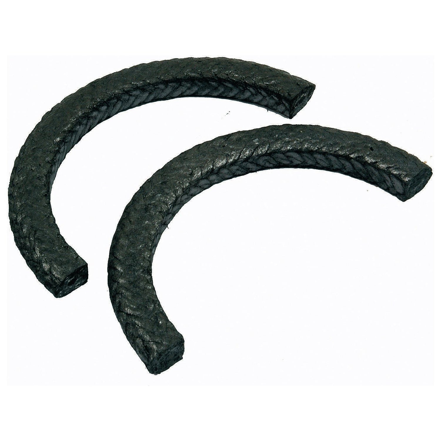Two semi-circular graphite compression packing rings with a braided texture, reminiscent of a traditional rope seal, positioned side by side on a plain background. The Rope Seal Set (2 pcs.) from Sparex—Part No. S.57543—features these distinctive seals.
