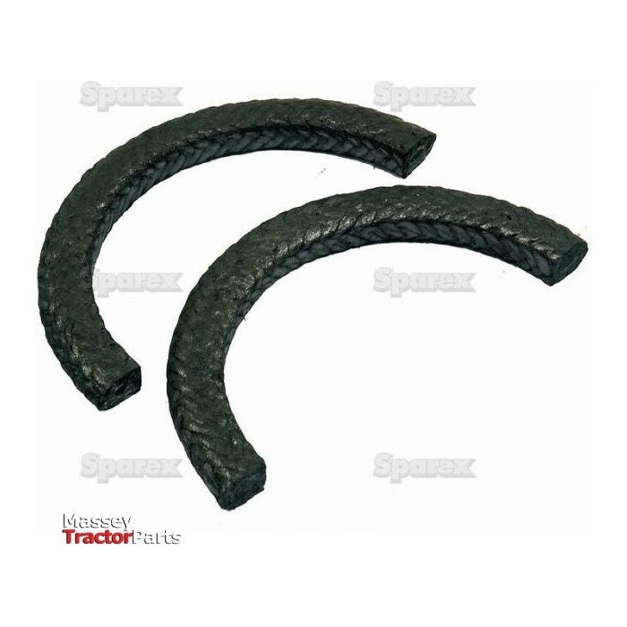 Two black, curved, braided gaskets from the "Rope Seal Set (2 pcs.)" by Sparex (Part No. S.57543) are positioned side by side on a white background. In the bottom left corner, a logo that reads "Massey Tractor Parts" is visible. These sturdy and reliable seals could serve as ideal replacements for parts from brands such as Case IH or David Brown.