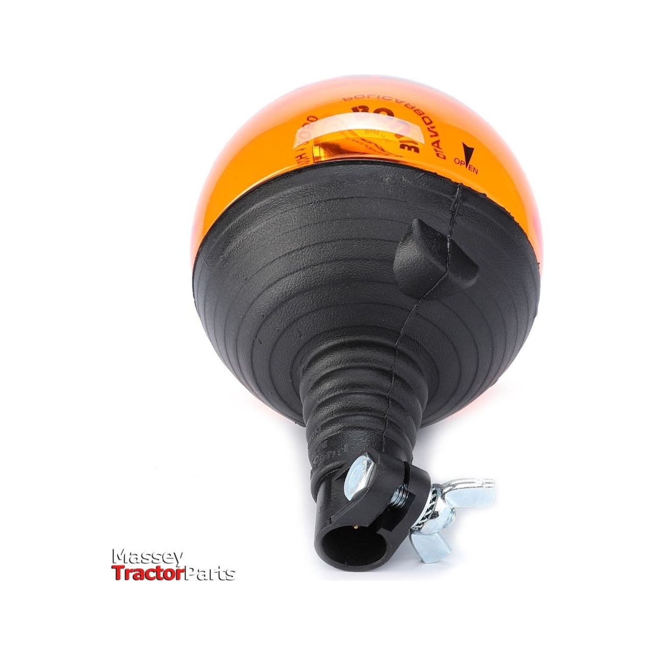 A black and orange rotating beacon light for a tractor with mounting components visible, ensuring safety during nighttime operation. The branding "AGCO" is printed on the bottom left corner. This product, known as the Massey Ferguson - Rotating Beacon, includes a 12V 55W bulb and has the model number 3909739M91.
