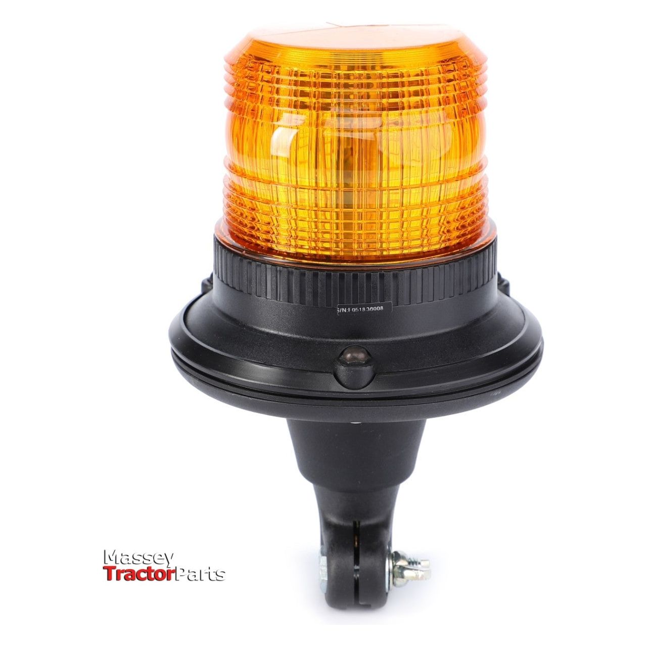 An amber rotating beacon light used for tractors, featuring a black base and the "Massey Tractor Parts" logo at the bottom left. This safety feature, compatible with Fendt models, ensures high visibility and quality performance. The product name is Fendt - Rotating Beacon, LED - G842900140010 by AGCO.