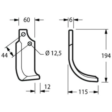 Rotavator Blade Curved LH 60x6mm Height: 194mm. Hole centres: 44mm. Hole⌀: 12.5mm. Replacement for
 - S.79628 - Massey Tractor Parts