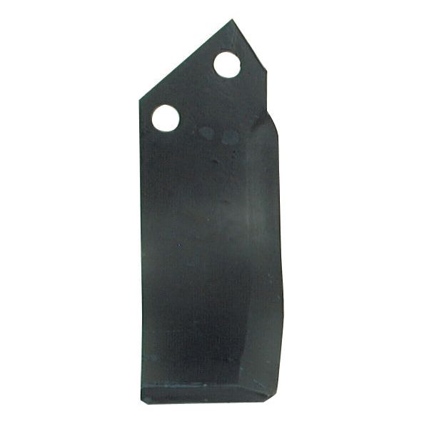 Against a plain white background is a black metal blade with two round holes and a sharp, angled edge, specifically the Rotavator Blade Curved LH 70x7mm by Sparex. Measuring 187mm in height with hole centres of 46mm and a hole diameter of 12.5mm, it serves as a replacement for Sovema model 900111002 (Sparex Part No. S.74751).