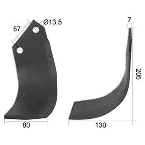 Rotavator Blade Curved LH 80x7mm Height: 205mm. Hole centres: 57mm. Hole⌀: 13.5mm. Replacement for Breviglieri, Howard
 - S.77226 - Massey Tractor Parts