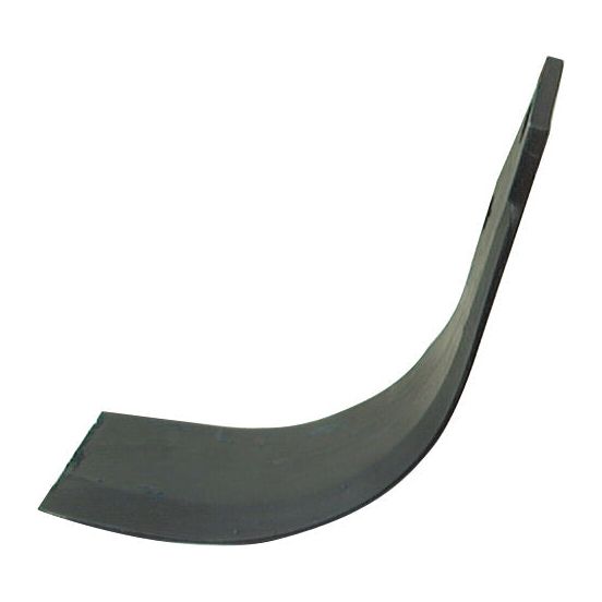 A black, curved metal fitting known as the Sparex Rotavator Blade Curved LH 80x7mm, featuring a flat base and pointed end.