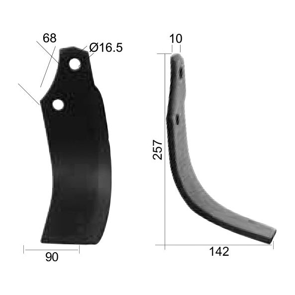 Rotavator Blade Curved LH 90x10mm Height: 257mm. Hole centres: 68mm. Hole⌀: 16.5mm. Replacement for Maschio
 - S.59755 - Massey Tractor Parts