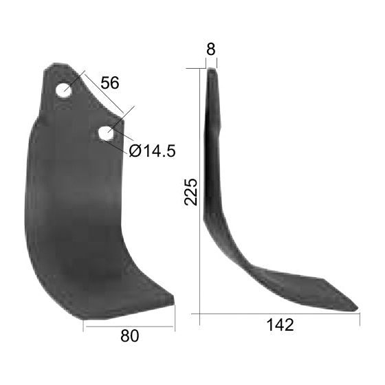 Image showing two views of a metal part, specifically a Sparex Rotavator Blade Curved RH 80x8mm, height 225 mm. The side view dimensions include a base of 80 mm and holes with a diameter of 14.5 mm, while the front view dimensions are an 8 mm thickness and a width of 142 mm. This component is an exact replacement for Maschio part number 01110426 (Sparex Part No.S.77274).