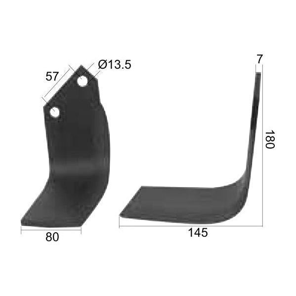 Image showing two black metal brackets with precise measurements: the left bracket has hole centers of 57 mm and a hole diameter of 13.5 mm, while the right bracket, known as the Rotavator Blade Square LH by Sparex (Part No. S.77224), is 80 mm wide, 7 mm thick, and stands at a height of 180 mm. This product is a replacement for Dowdeswell, Howard, or Kuhn equipment and is ideal for projects requiring compatibility with Kuhn EL100 or Sparex Fasteners.