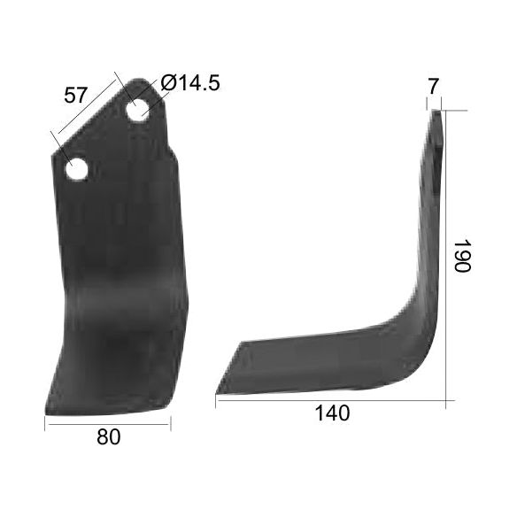 Two views of a Rotavator Blade Square LH 80x7mm with dimensions: height 190 mm, length 140 mm, width 57 mm, and thickness 7 mm. Features two holes with a diameter of 14.5 mm. Ideal for use as Sparex Part No.S.77251 and can replace Krone To fit as: 036395 fasteners.