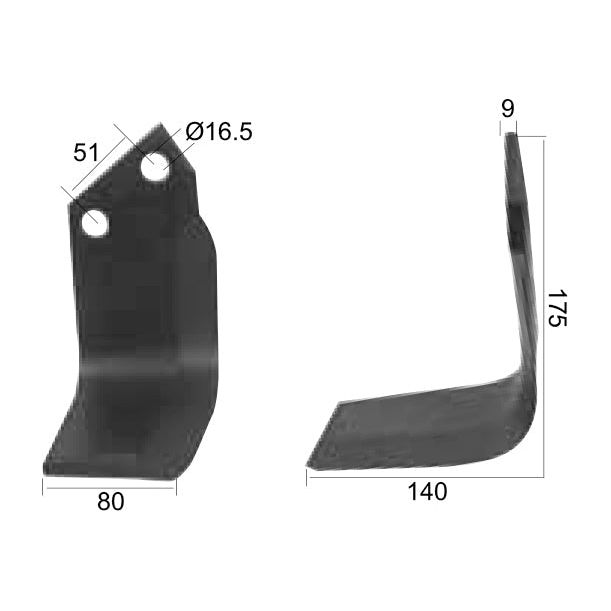 Two views of the Rotavator Blade Square LH 80x9mm with dimensions: height 175mm, front width 40mm, side width 80mm, top hole diameter 16.5mm, and hole distance 51mm. This Sparex part (No. S.77230) is a replacement for Dowdeswell and Howard models, specifically compatible with Howard HR40SUPER, and works well with Sparex Fasteners.

