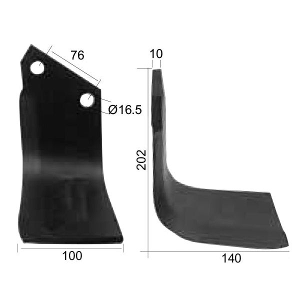 Rotavator Blade Square RH 100x10mm Height: 202mm. Hole centres: 76mm. Hole⌀: 16.5mm. Replacement for Horsch, Howard
 - S.27434 - Massey Tractor Parts