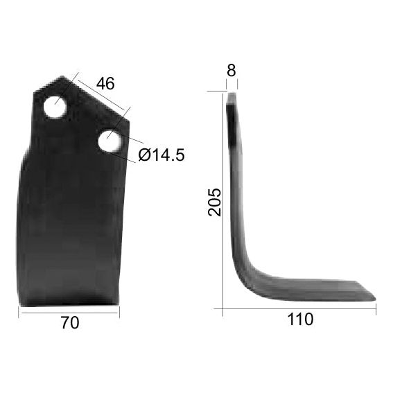 The Rotavator Blade Square RH 70x8mm, made from black metal, features two 14.5mm diameter holes spaced 46mm apart, and measures 205mm in height. It is a suitable replacement for Breviglieri and Maletti models, fitting specifically Breviglieri part number 30412 and Universal Tractors using the Sparex Fasteners (Sparex Part No.S.77268). Both top view and side view are depicted.
