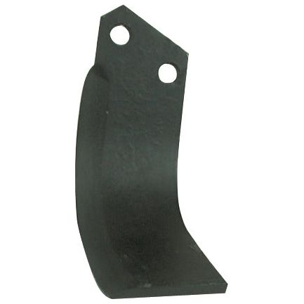 The Sparex Rotavator Blade Square RH is a black, curved metal blade measuring 70x8mm in width and height of 205mm, with two holes near the top at 46mm centers and hole diameters of 14.5mm. This replacement blade is ideal for Universal Tractors and compatible with Sparex Fasteners, fitting models Breviglieri and Maletti as part number S.77268 (30412).