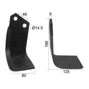 Rotavator Blade Square RH 80x8mm Height: 188mm. Hole centres: 46mm. Hole⌀: 14.5mm. Replacement for Kverneland, Maletti
 - S.77562 - Massey Tractor Parts