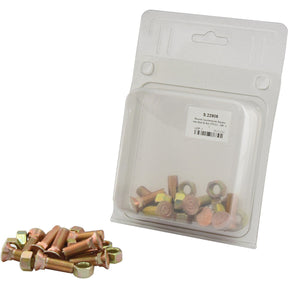 A small pile of Sparex Round Countersunk Square Hex Bolts & Nuts (TFCC) - 3/8'' x 1 3/16'', boasting a tensile strength of 8.8, sits next to a clear plastic hang-pack labeled with the product barcode, containing additional bolts and nuts under Part No.S.22906 (10 pcs. Agripak).