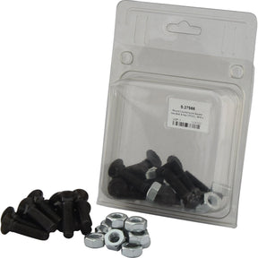 A packaged set of Sparex Round Countersunk Square Hex Bolts and nuts (TFCC) - M10 x 40mm, tensile strength 8.8 (12 pcs. Agripak), featuring a few loose bolts and nuts scattered beside the package.