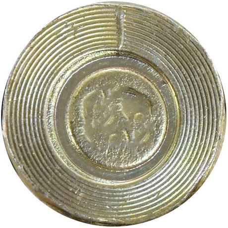 Close-up of a Round Countersunk Square Hex Bolt & Nut (TFCC) - M10 x 40mm, Tensile strength 8.8, featuring concentric lines and an indented central area with indistinct markings or symbols, resembling the head of a bolt from Sparex Part No.S.78708 (25 pcs. Box).