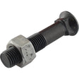 A close-up of a Sparex Round Countersunk Square Hex Bolt & Nut (TFCC) - M12 x 50mm, highlighting its black threaded body and attached hex nut, with a tensile strength of 12.9.
