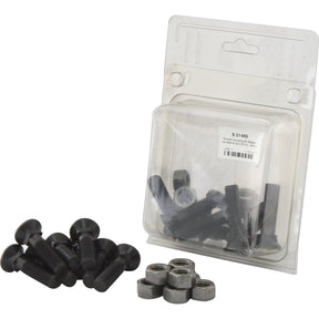 A package of Sparex Round Countersunk Square Hex Bolts and Nuts (TFCC) - M12 x 50mm, featuring a tensile strength of 12.9, is neatly presented in an agripak containing 8 pieces with the label "Sparex Part No.S.21480," along with additional screws and nuts arranged outside the package.