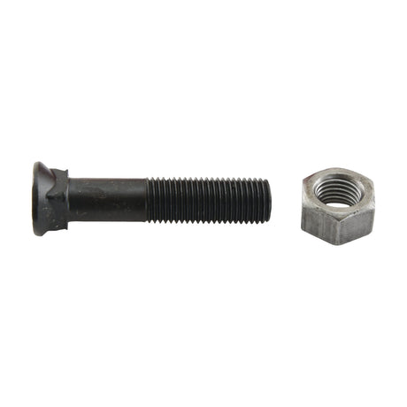 A black Sparex Round Countersunk Square Hex Bolt (M12 x 50mm, Tensile strength 8.8) and silver hex nut from the Sparex Part No.S.78732 set are placed side by side against a white background.