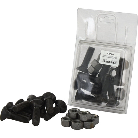 A package of Sparex Round Countersunk Square Hex Bolt & Nut (TFCC) - M14 x 50mm, tensile strength 8.8 (8 pcs. Agripak), partially opened with some bolts and nuts arranged around it.