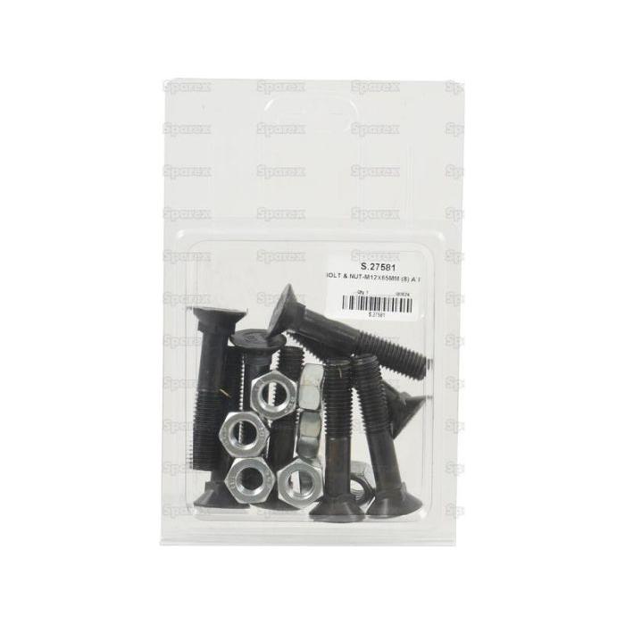 A sealed plastic package containing several black bolts and silver nuts, labeled "Round Countersunk Square Hex Bolt & Nut (TFCC) - M12 x 65mm, Tensile strength 8.8 (8 pcs. Agripak) | Sparex Part No.S.27581" on the front, featuring Round Countersunk Square Hex Bolts with a tensile strength of 8.8 from the brand Sparex.