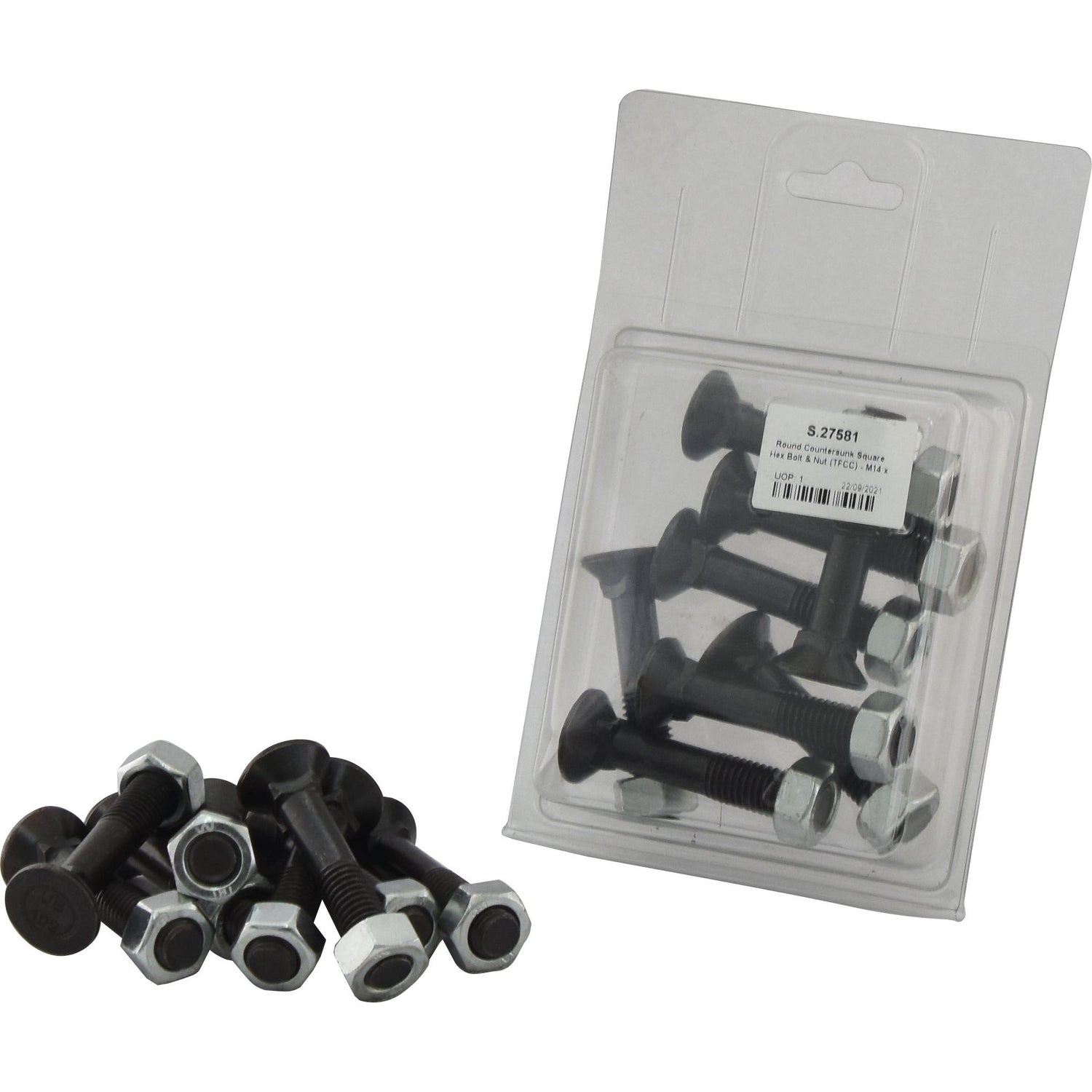 A set of Sparex Round Countersunk Square Hex Bolt & Nut (TFCC) - M12 x 65mm with a tensile strength of 8.8, both loose and packaged in an 8-piece Agripak plastic casing with a white label.