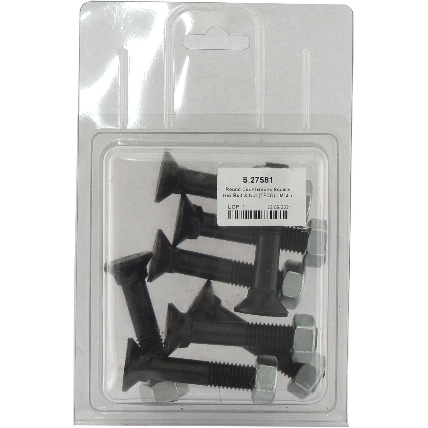 A sealed plastic package contains eight round countersunk square hex bolts and nuts, labeled "Round Countersunk Square Hex Bolt & Nut (TFCC) - M12 x 65mm, Tensile strength 8.8." This is a product from Sparex, with Part No. S.27581.
