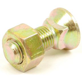 Close-up of a Sparex Round Countersunk Square Hex Bolt & Nut (TFCC) - 7/16'' x 32mm, Tensile strength 8.8, with a hexagonal nut attached (Sparex Part No. S.76056).