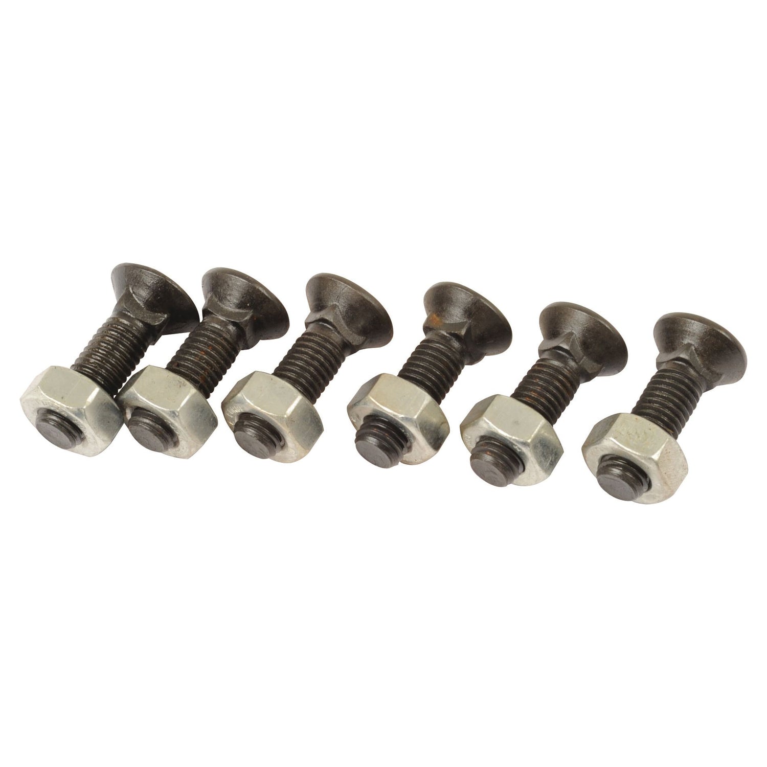 Seven Round Countersunk Square Hex Bolts & Nuts (TFCC) by Sparex, part number S.76151, with tensile strength are aligned in a row on a white background. Each metric bolt features a square collar countersunk head and is paired with its corresponding hex nut.