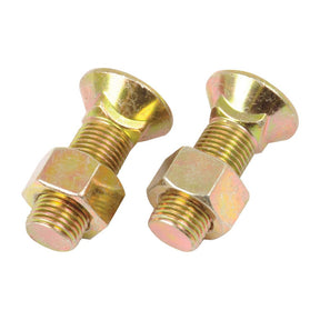 Two Sparex Round Countersunk Square Hex Bolts & Nuts (TFCC) - 1/2'' x 38mm, Tensile strength 8.8 (Sparex Part No.S.76211), gold-colored with attached hex nuts and featuring UNF threads, displayed against a white background.