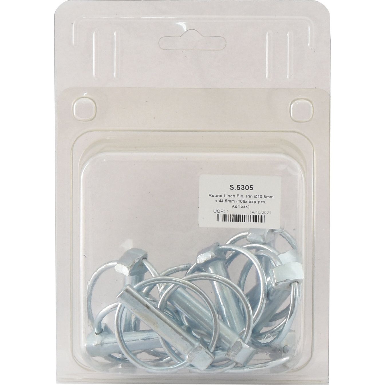 A sealed plastic package from Agripak, featuring ten Sparex Round Linch Pins (Pin Ø10.5mm x 44.5mm) with rings, silver-finished metal fasteners, and attached nuts; Sparex Part No.S.5305.