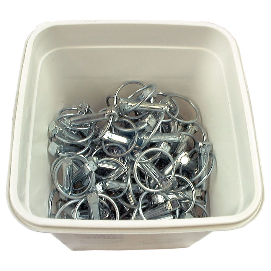 A small bucket containing 150 pieces of Sparex Round Linch Pins, each with a diameter of 11mm and a length of 44.5mm.