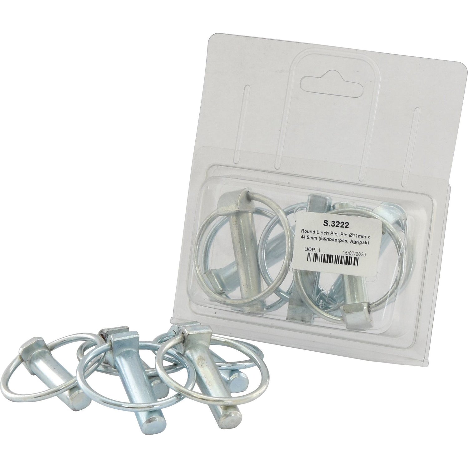 The Sparex Round Linch Pin set (Pin Ø11mm x 44.5mm, Part No. S.3222) includes five linchpins neatly packaged by Agripak, with three pins prominently displayed in front. Each linchpin features a metal pin accompanied by an attached circular spring clasp.