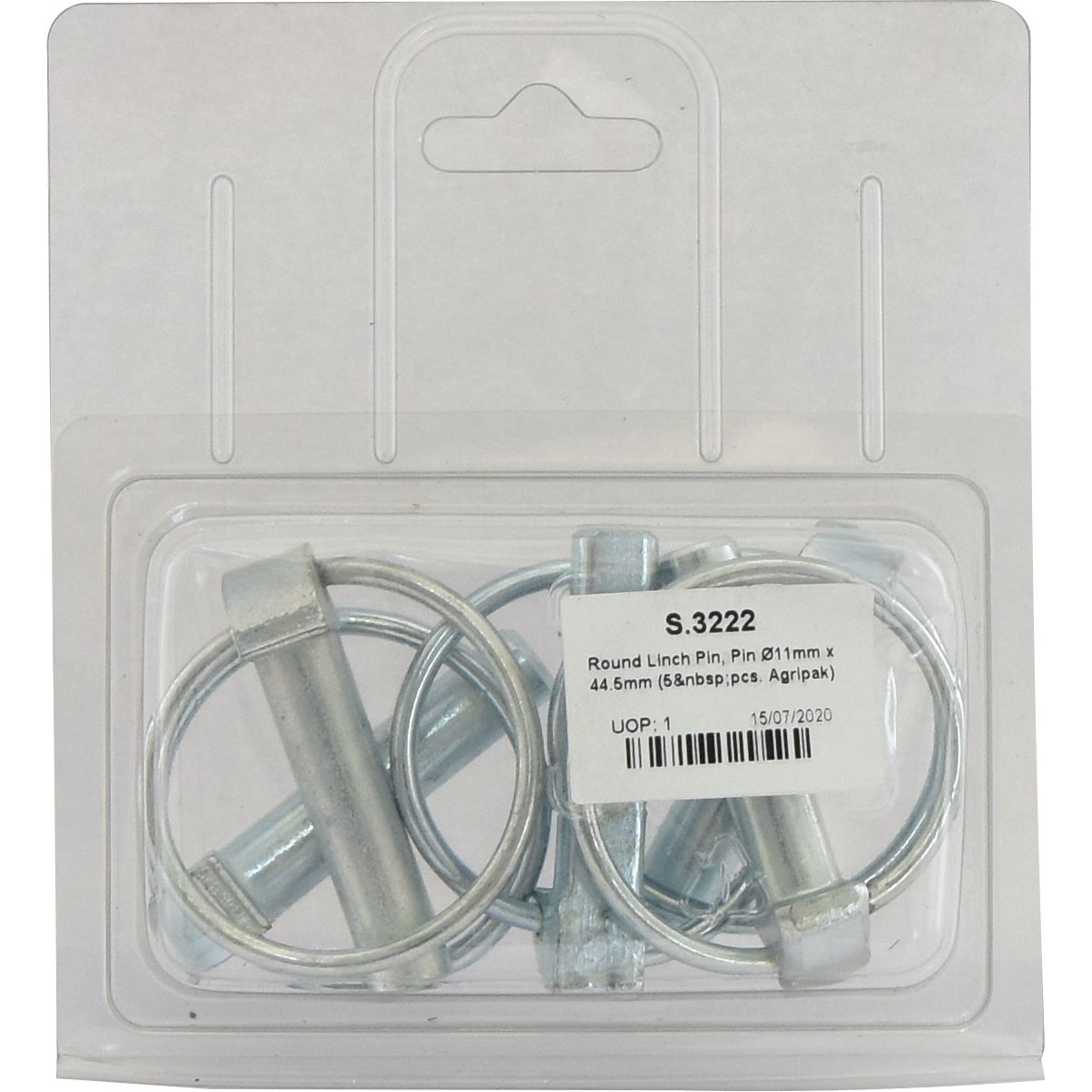 Plastic package containing five round linch pins, each 11mm by 44.5mm in size. A label on the front displays product details and a barcode. These Sparex Round Linch Pins (Part No. S.3222) are packaged for convenience and durability as part of the Agripak collection.