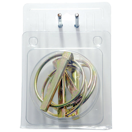 A clear plastic package from Sparex containing Round Linch Pins (Pin Ø11mm x 70mm), metal rings, and silver hardware components, ideal for Standard Duty applications. Comes with 4 pieces. Agripak | Sparex Part No.S.27187