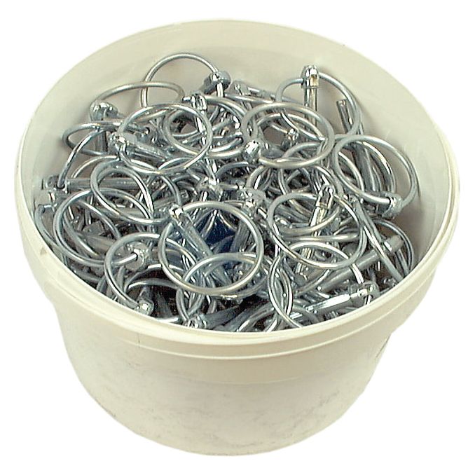 A white bucket filled with numerous Sparex Round Linch Pins, Pin Ø6mm x 44.5mm (150 pcs. Small Bucket), Sparex Part No.S.47.