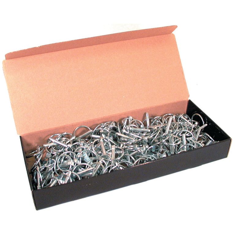 A small bucket filled with 150 pcs of silver metal Round Linch Pins, Pin Ø8mm x 44.5mm, labeled as Sparex Part No.S.48, with the bucket lid open.