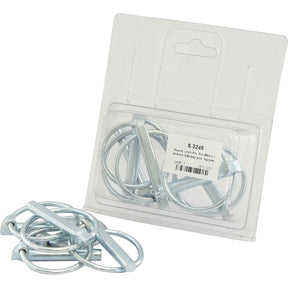 A package of five loose round linch pins in silver, used for securing various mechanisms. The Sparex Standard Duty package (Sparex Part No. S.3248) displays the product label with specifications: Pin Ø8mm x 44.5mm (5 pcs. Agripak).