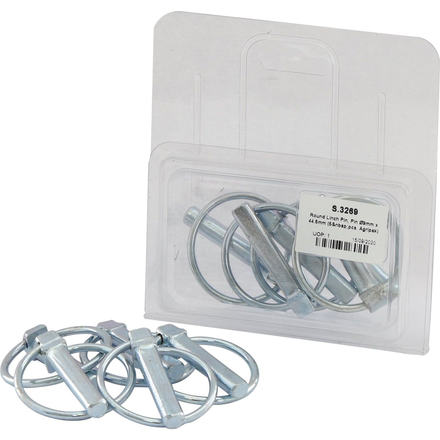 A package of Round Linch Pins (Pin Ø9mm x 44.5mm, 5 pcs. Agripak - Sparex Part No.S.3269), with several pins placed outside the package. The label, featuring Sparex branding, shows product details for this standard duty option as an alternative to 36 A.