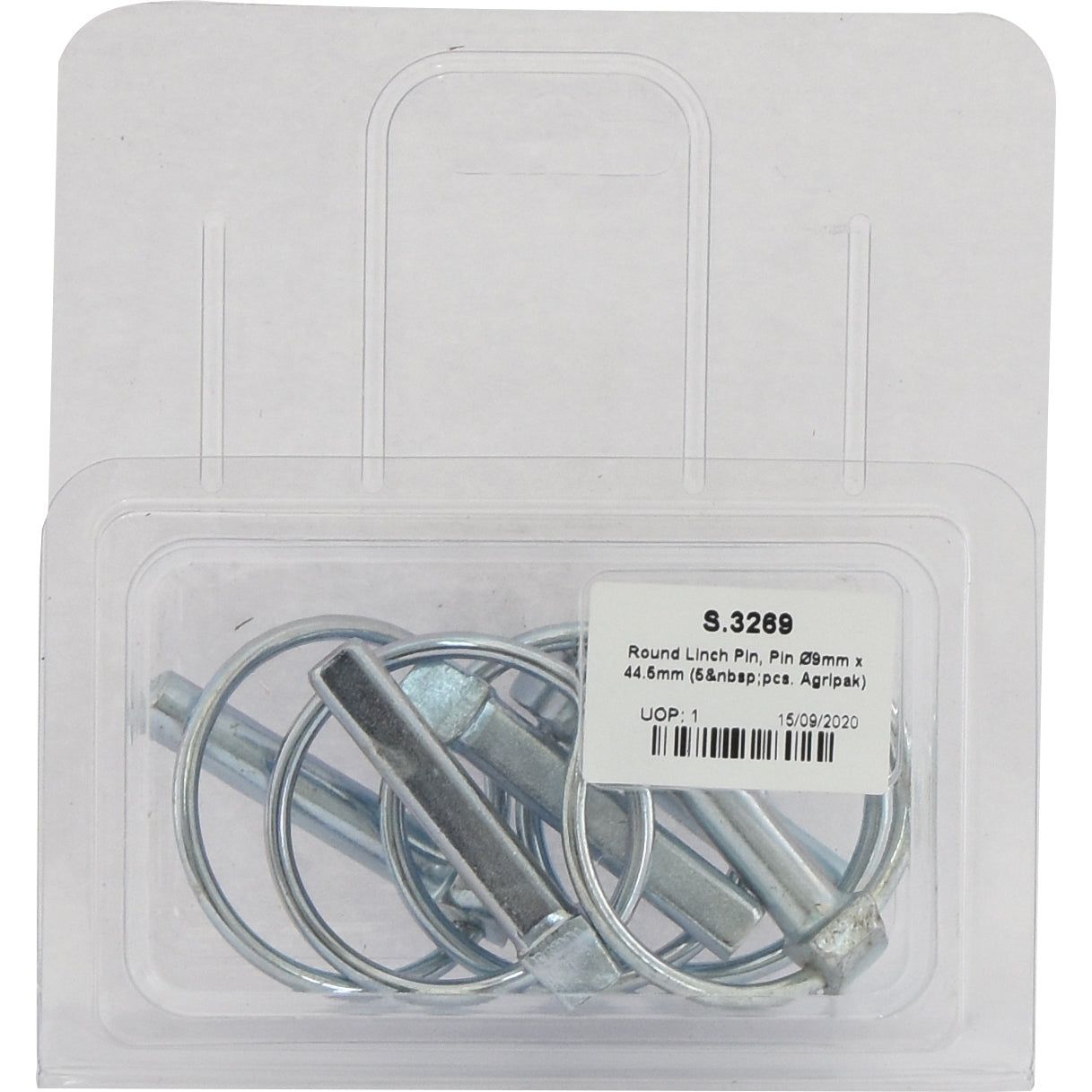 A package containing round linch pins, labeled "S.3269" by Sparex, with pin dimensions of 9mm by 44.5mm and a quantity of five pins per pack. This Agripak product is an excellent alternative to the 36 A series for standard duty applications.