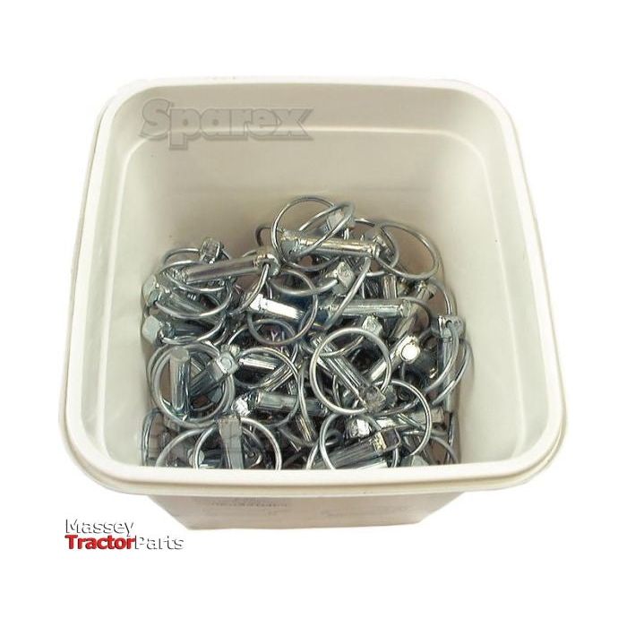 A white plastic container labeled with "Sparex" and "Massey Tractor Parts" holds 150 round linch pins, specifically Pin Ø11mm x 44.5mm, listed under Sparex Part No. S.49.