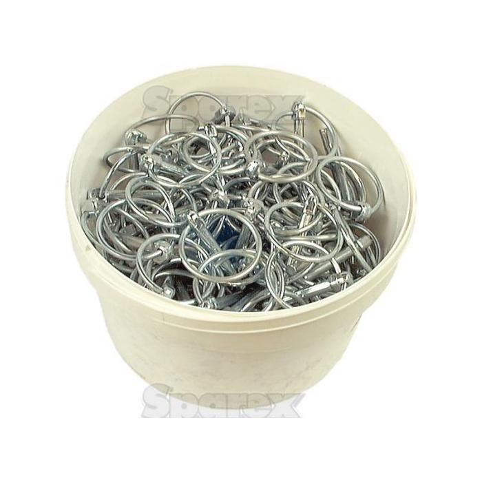 The Sparex Round Linch Pins come in a white plastic bucket containing 150 pieces, each pin measuring 6mm in diameter and 44.5mm in length, making them perfect for your standard duty needs.