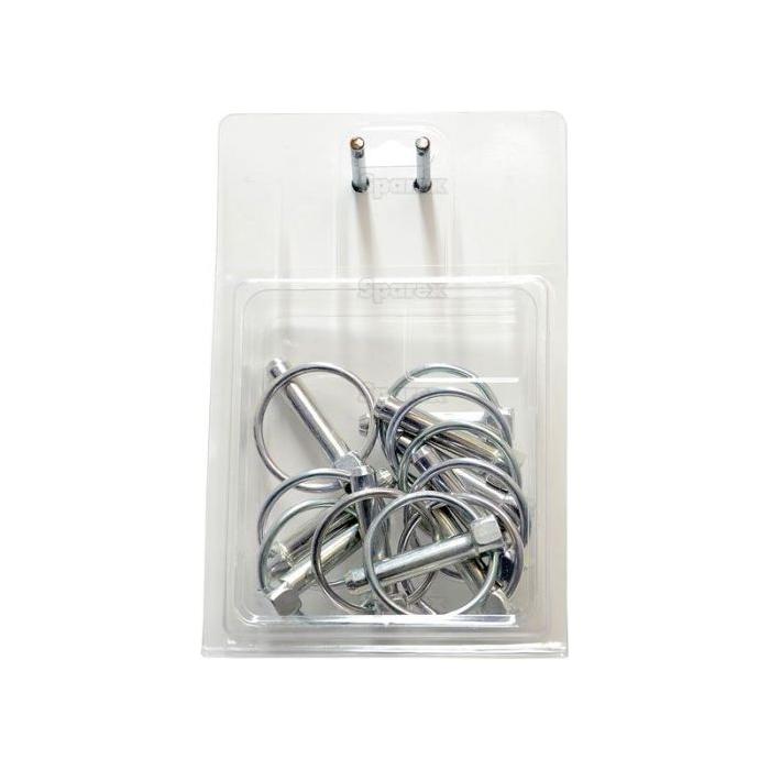 A package of 10 Sparex Round Linch Pins, each with a diameter of 9.5mm and a length of 44.5mm (Sparex Part No.S.5209), securely stored in a clear plastic compartment against a plain white background.
