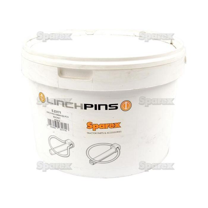 A small white plastic bucket labeled "Sparex" containing 150 round lynch pins, each with a pin diameter of 9.5mm and length of 44.5mm (Sparex Part No.S.23171).