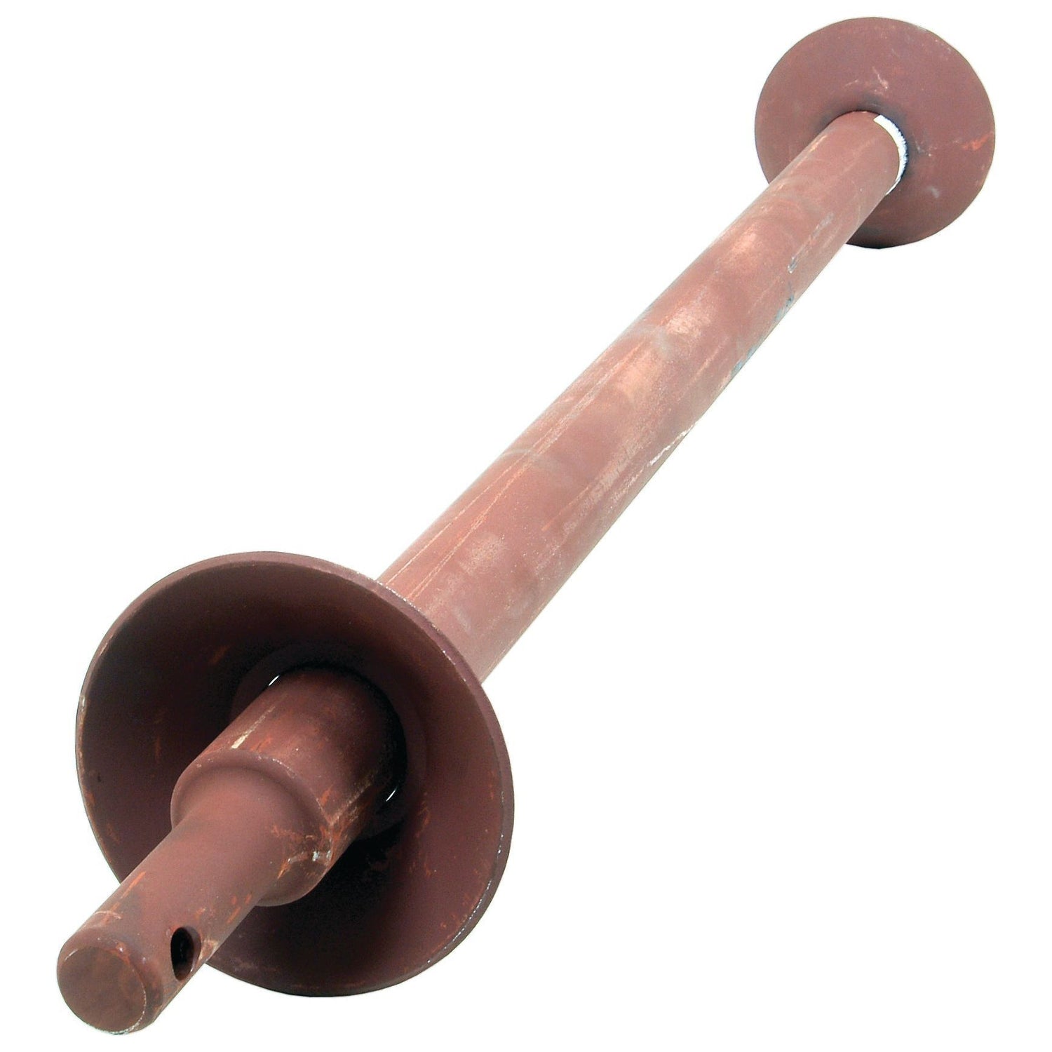 A Round Linkage Bar with Weld on Cups - Cat. 2 - 950mm (Sparex Part No.S.29142) from the Sparex brand, featuring a cylindrical metal rod in brown with flat circular discs on both ends and a perforation near one end. The product specifications include a pin diameter of 28mm and a section width of 45mm.