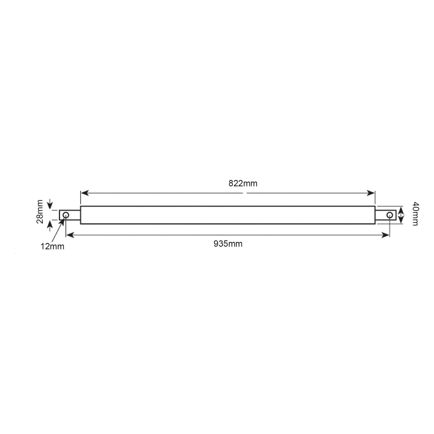 Technical drawing of the Sparex Round Linkage Bar with Weld on Cups, featuring dimensions: 934mm length, 44mm width, and 23mm height. Internal length marked as 822mm, width marked as 12mm. This object fits within Sparex Category 2 specifications and possesses a section of 40mm, tailored for a pin Ø28mm. Product part number: S.29154.

