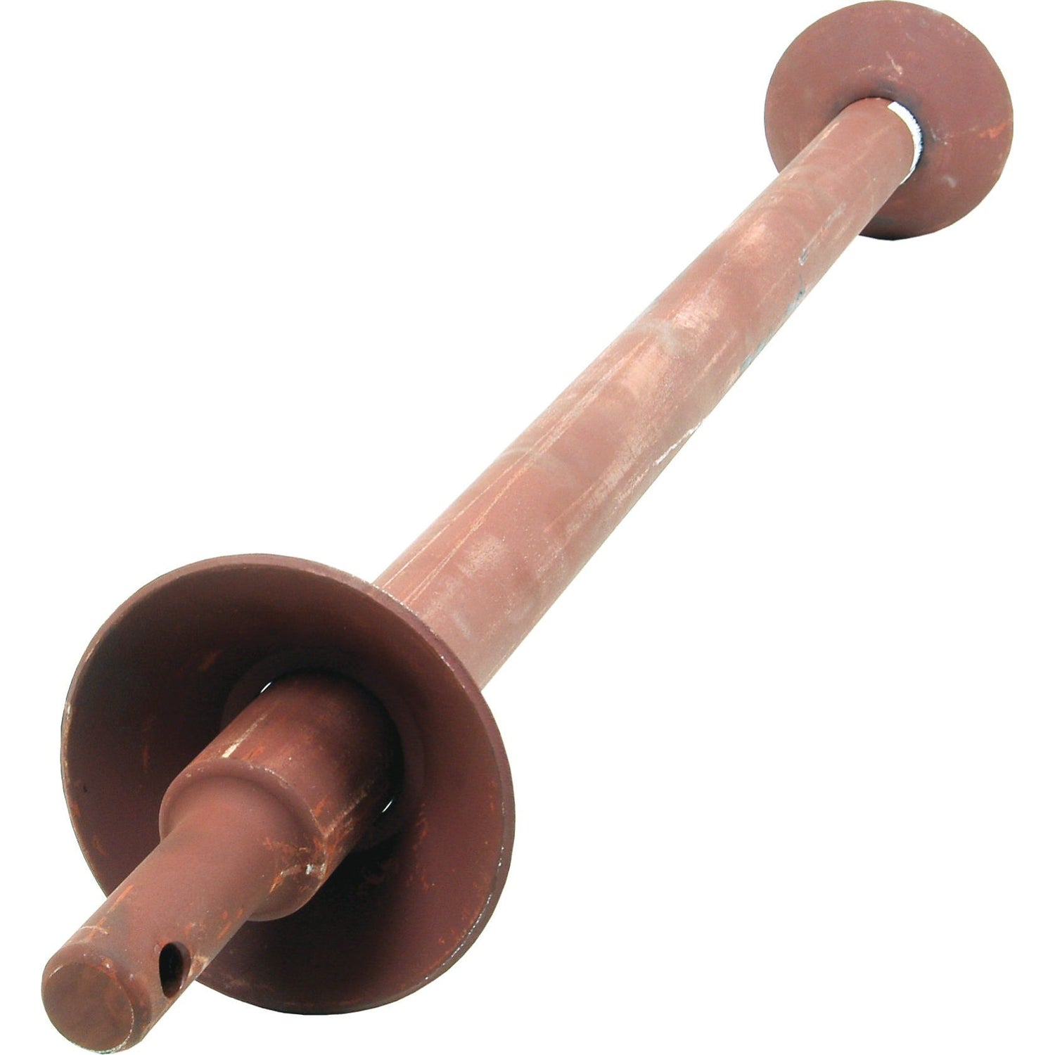 The Round Linkage Bar with Weld on Cups - Cat. 2 - 934mm by Sparex (Sparex Part No. S.29154) is a reddish-brown metal scaffold prop, featuring a cylindrical shaft with a Section 40mm thickness and two flat, circular ends.