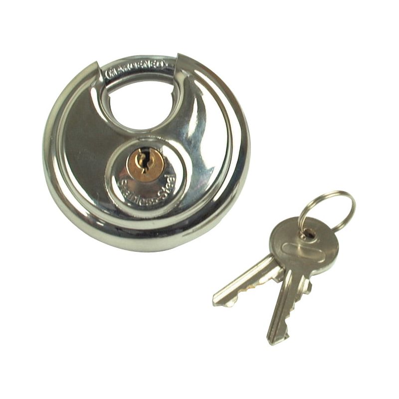 The Sparex Round Padlock - Stainless Steel - S.39890, featuring a circular design and accompanied by two matching silver keys on a keyring, is shown.